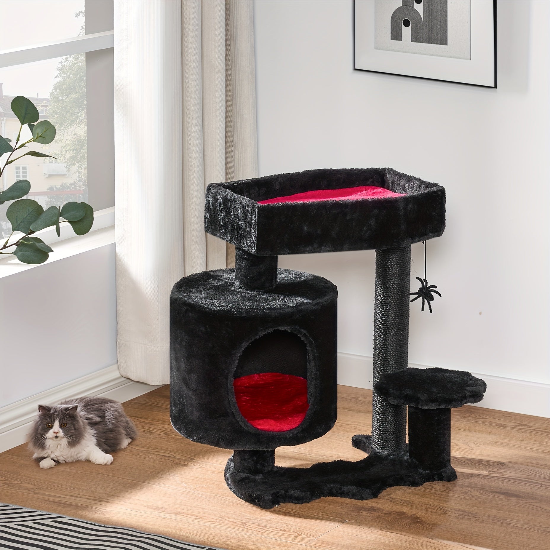 BEWISHOME Gothic Cat Tower With Coffin Bed, Multi-Level Goth Cat Tree Cat Condo With Cat Scratching Post, Spider Hanging Ball Black Red Halloween Kitten Pet Furniture