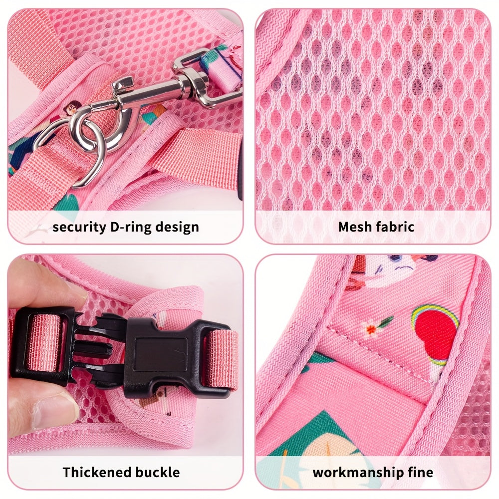 [Dog Walking] 6pcs Pink Love World Dog Walking Gear Set | Adjustable Pet Harness, Leash, Collar, Bow, Flag, Waste Bag Holder | Polyester Fiber | 4 Ft Leash, Uncharged | for Small to Large Dogs | Without Battery