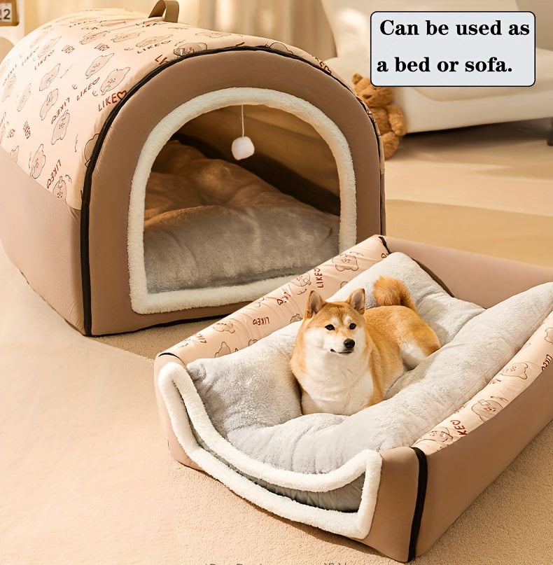 EnigmaTails Cartoon Pattern Dog House, Winter Warm Polyester Pet Bed with Memory Foam, Detachable and Washable, Suitable for Extra Small to Large Dogs, Brown