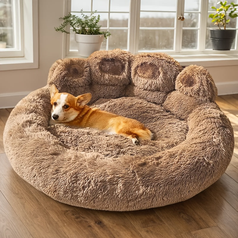 1pc Soft Plush Polyester Bear Paw Shaped Pet Bed, Calming Donut Dog Cat Cuddler Lounger, Warm Comfortable Round Pet Mat, Assembly Not Required for Cats and Small Dogs