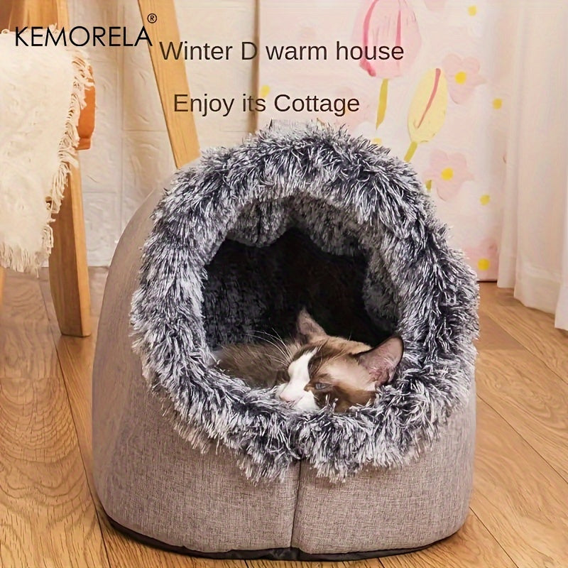 [Cozy Cat Bed] Portable Cat Bed with Handle | Thickened Warm Polyester Pet Bed, Cozy Circular Design with Plush Furry Interior for Indoor Cats, Durable & Easy-Clean Cat Bed for Travel, Home, or Gifting, Cute Cat Bed by KEMORE