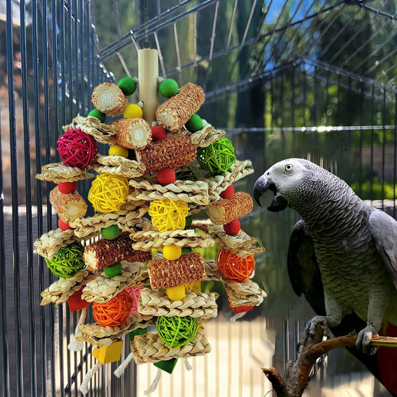 1pc Large & Medium Parrot Toy, Rattan Ball Corn Core Chew Climbing Skewer, Natural Color Bird Snack Toy for Beak Exercise and Play, Avian Entertainment|Interactive Parrot Toy|Natural Rattan Design, Bird Toys