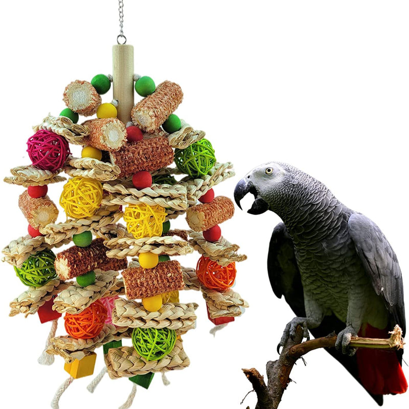1pc Large & Medium Parrot Toy, Rattan Ball Corn Core Chew Climbing Skewer, Natural Color Bird Snack Toy for Beak Exercise and Play, Avian Entertainment|Interactive Parrot Toy|Natural Rattan Design, Bird Toys