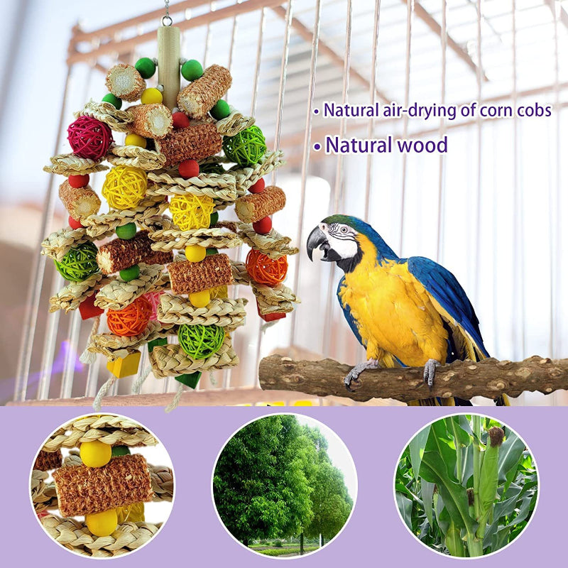 1pc Large & Medium Parrot Toy, Rattan Ball Corn Core Chew Climbing Skewer, Natural Color Bird Snack Toy for Beak Exercise and Play, Avian Entertainment|Interactive Parrot Toy|Natural Rattan Design, Bird Toys