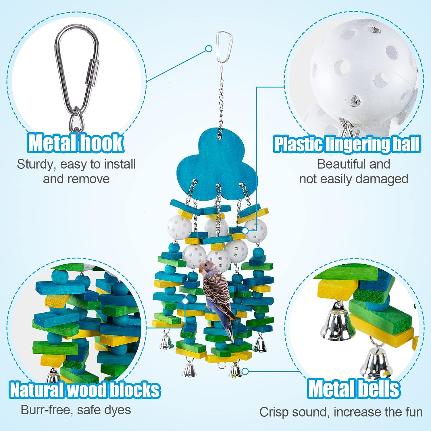 Colorful Wooden Block Beads Parrot Bird Toy, Random Color Blueberry Shape Chew Toy With Bell And String