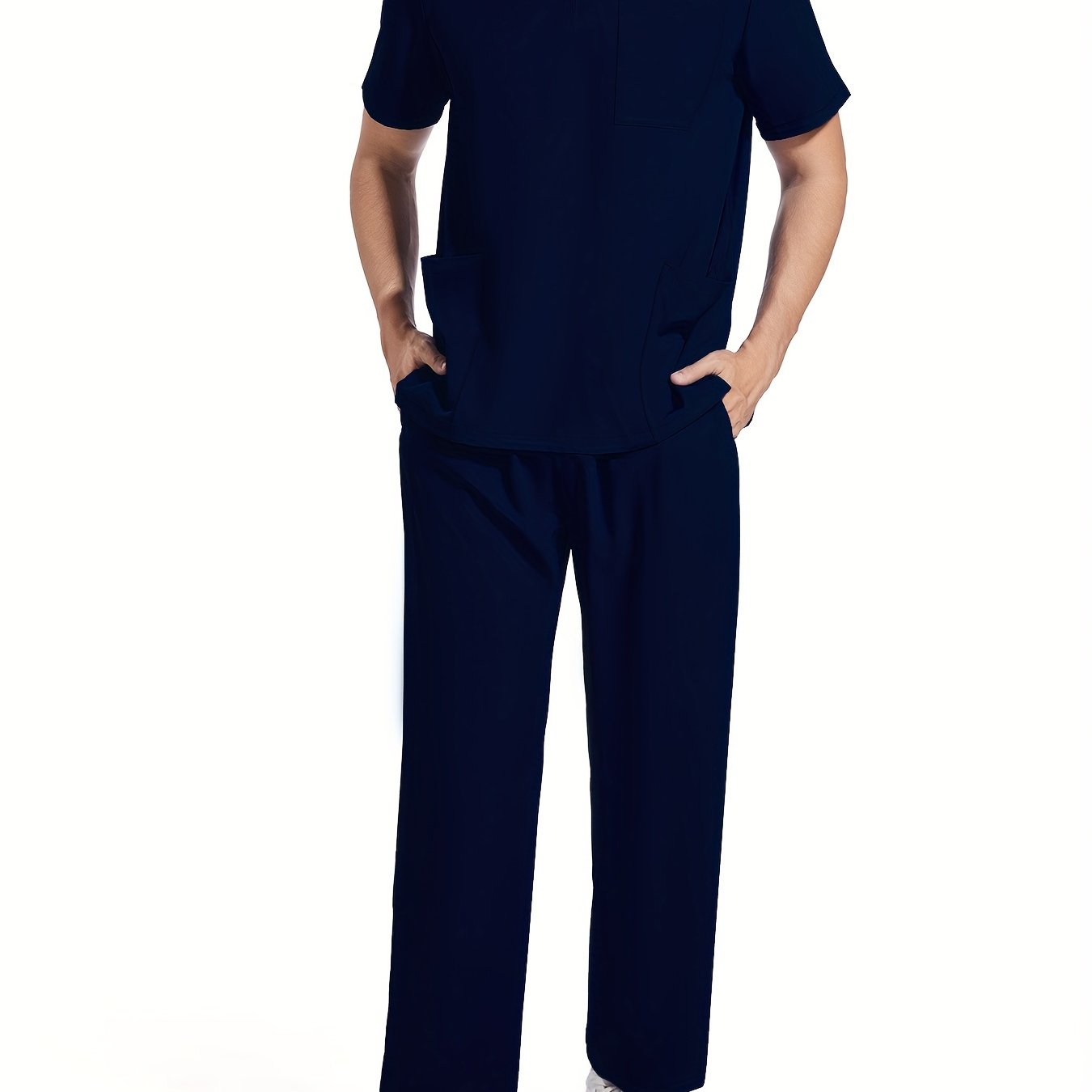 Men's Short Sleeve Summer Work Wear Set, Lab Coat, Pet Grooming Uniform, Breathable V-neck Top With Pockets And Long Pants Outfit