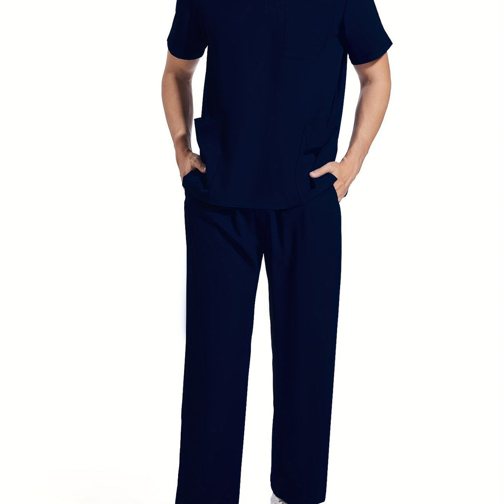Men's Short Sleeve Summer Work Wear Set, Lab Coat, Pet Grooming Uniform, Breathable V-neck Top With Pockets And Long Pants Outfit
