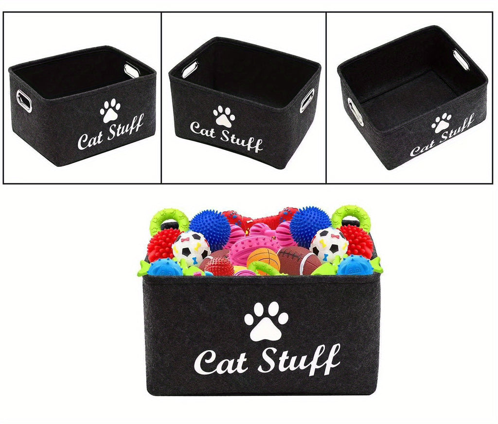 1pc Felt Cat Toy Storage Box with Wooden Handle, Rectangular Fabric Pet Toy Organizer Basket for Home Organization, Toy Box