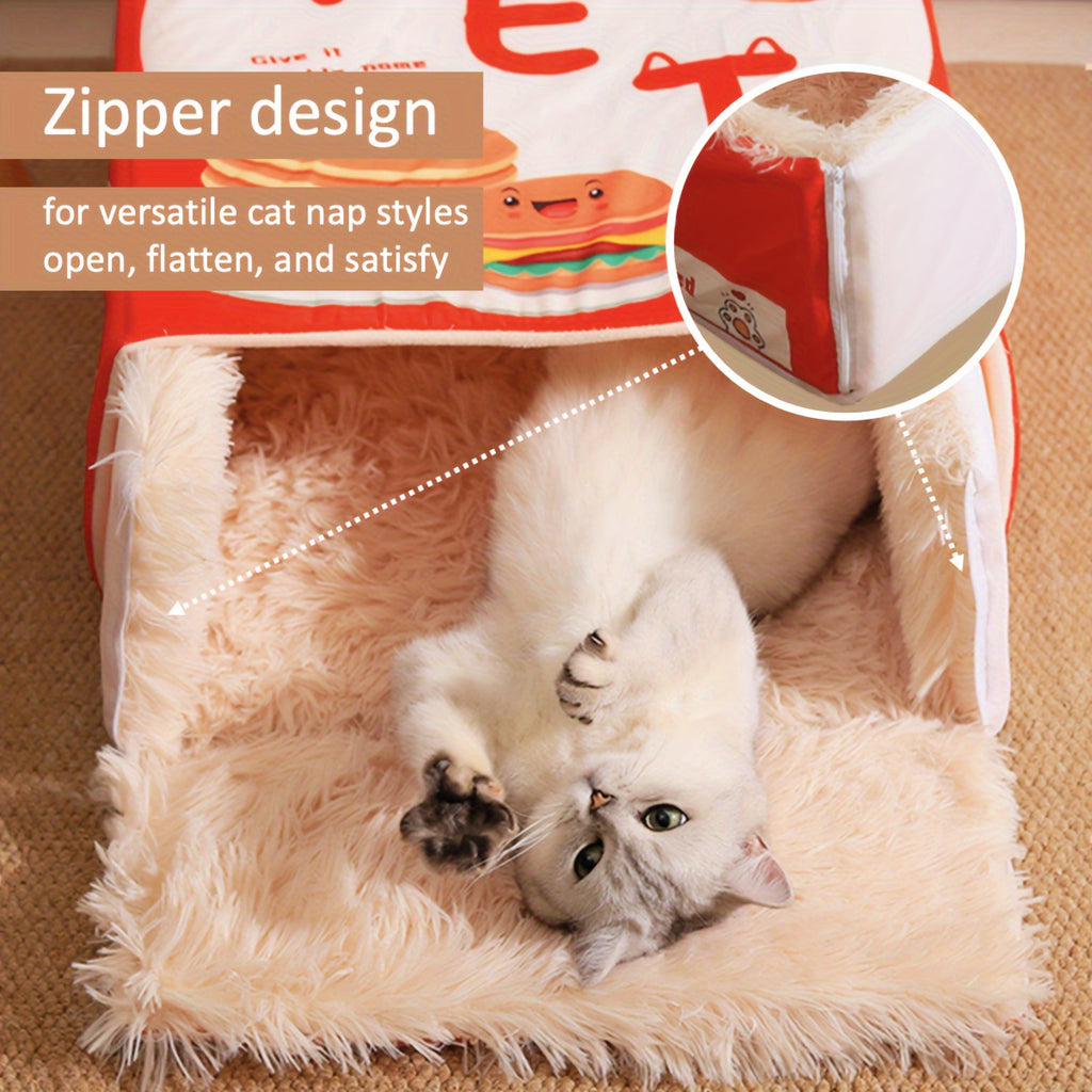 Rectangular Fully Enclosed Cat Bed with Snack Box Design - All-Season Cozy Pet Bed for Cats, Durable Polyester, Removable & Washable, Perfect Thanksgiving & Christmas Gift for Feline Friends, Cat Bed for Indoor Cats, Playful