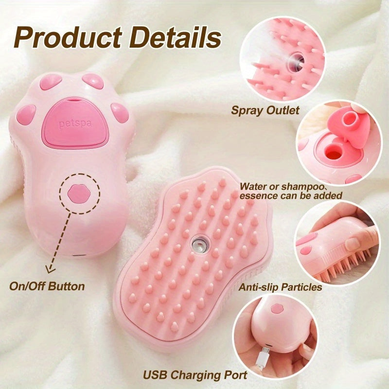 3-in-1 Pet Grooming Brush with Steam Spray for Cats & Dogs - Hair Removal, Massage, Beauty Comb, Silicone Bristles, Plastic, USB/Battery Powered, 36V and Below