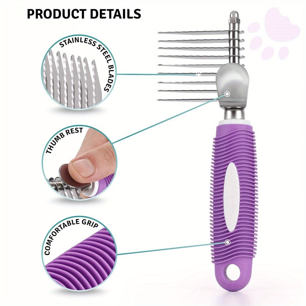 1pc Dematting Fur Rake Comb Brush Tool for Dogs & Cats with Extra Long Stainless Steel Safety Blades for Removing Knots, Mats & Tangles - Pet Grooming Deshedding Brush Tool with Anti-Slip Grip