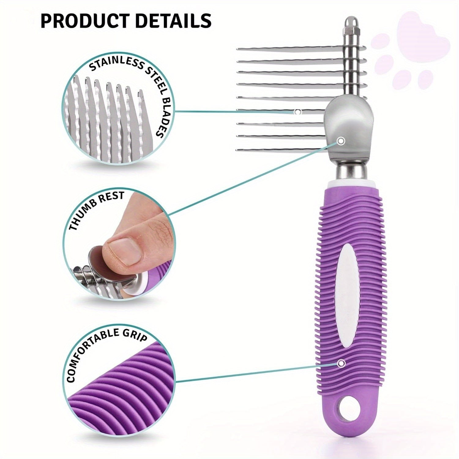 1pc Dematting Fur Rake Comb Brush Tool for Dogs & Cats with Extra Long Stainless Steel Safety Blades for Removing Knots, Mats & Tangles - Pet Grooming Deshedding Brush Tool with Anti-Slip Grip