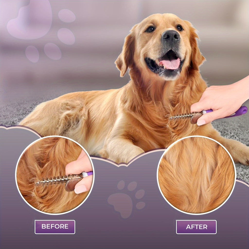 1pc Dematting Fur Rake Comb Brush Tool for Dogs & Cats with Extra Long Stainless Steel Safety Blades for Removing Knots, Mats & Tangles - Pet Grooming Deshedding Brush Tool with Anti-Slip Grip