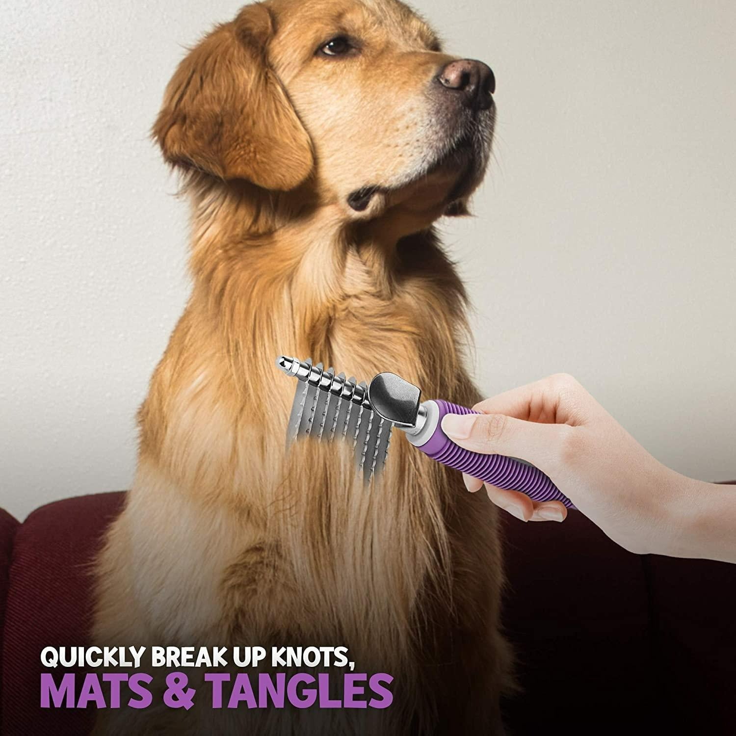 1pc Dematting Fur Rake Comb Brush Tool for Dogs & Cats with Extra Long Stainless Steel Safety Blades for Removing Knots, Mats & Tangles - Pet Grooming Deshedding Brush Tool with Anti-Slip Grip