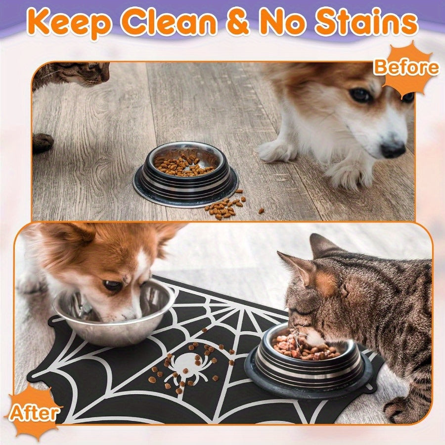 Spider Web Design Pet Feeding Mat, Anti-Slip & Waterproof Diatom Mud Dog Feeding Pad, Quick Dry & Stain-Free, Ideal for Dogs & Cats Food and Water Bowl Placement - Halloween Pet Accessories