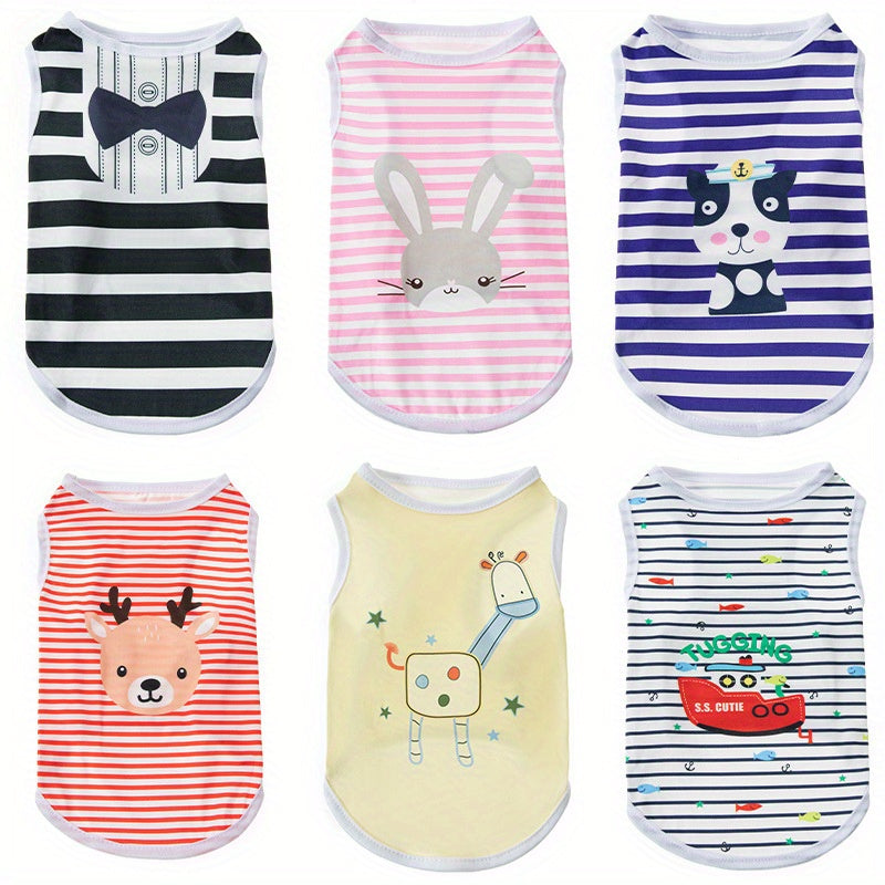 6pcs Adorable Cartoon Character Print Pet Apparel - Shirts for Small and Medium Dogs and Cats with Breathable Striped Vest T-Shirt Design, Comfortable Wear for Everyday Use