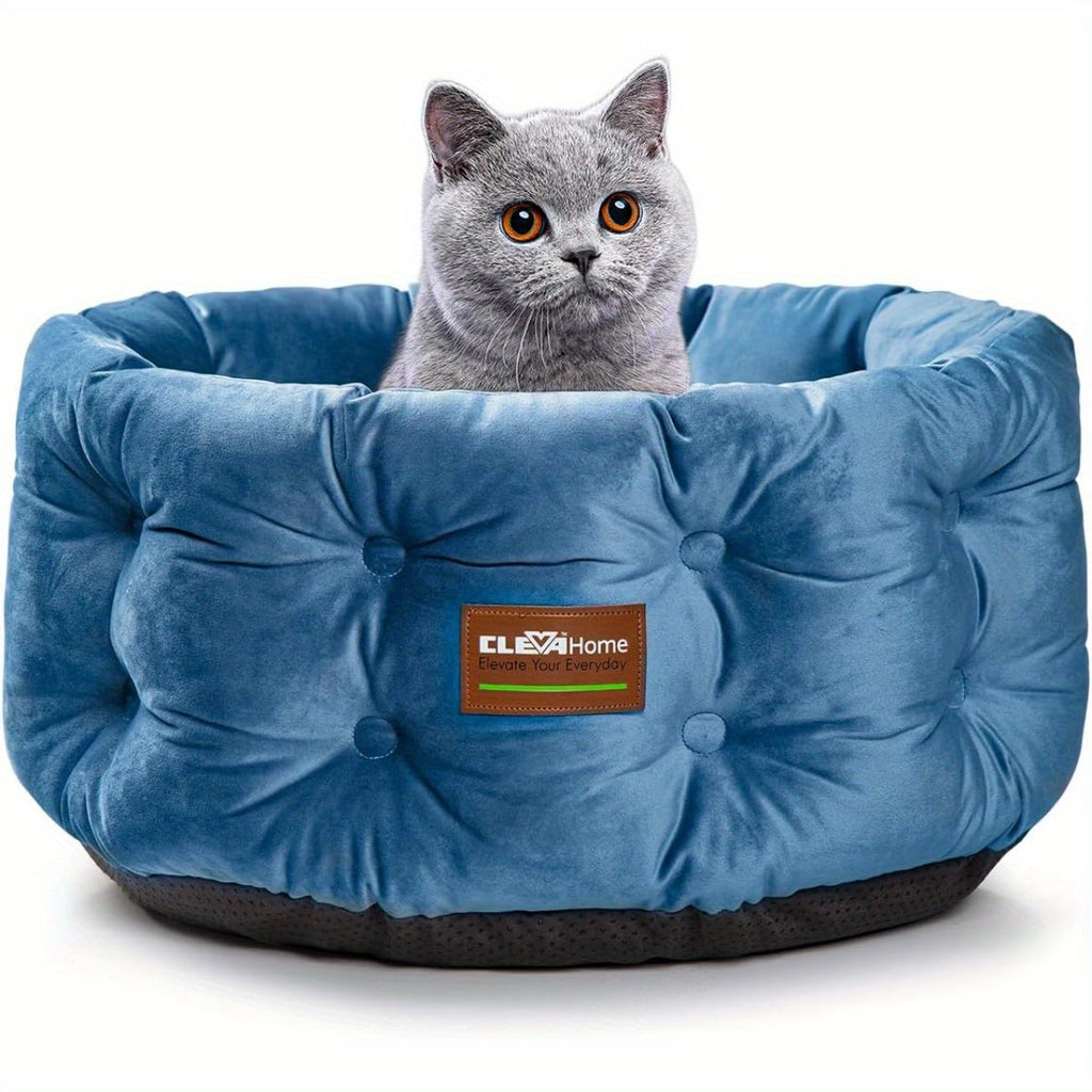 ClevaHome Deep Nest Cat Bed for Small Pets up to 15lbs - Round Cat Beds for Indoor Cats, Luxurious Velvet Feel, Extra High Sides, Machine Washable Comfort Pet Bed with Non-Slip Bottom