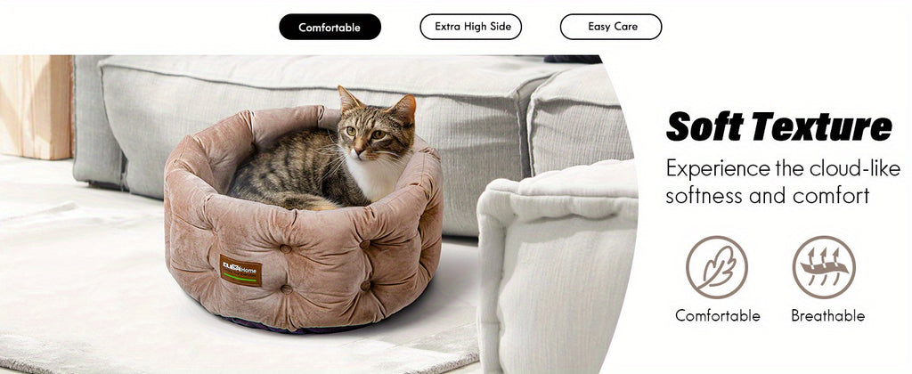 ClevaHome Deep Nest Cat Bed for Small Pets up to 15lbs - Round Cat Beds for Indoor Cats, Luxurious Velvet Feel, Extra High Sides, Machine Washable Comfort Pet Bed with Non-Slip Bottom