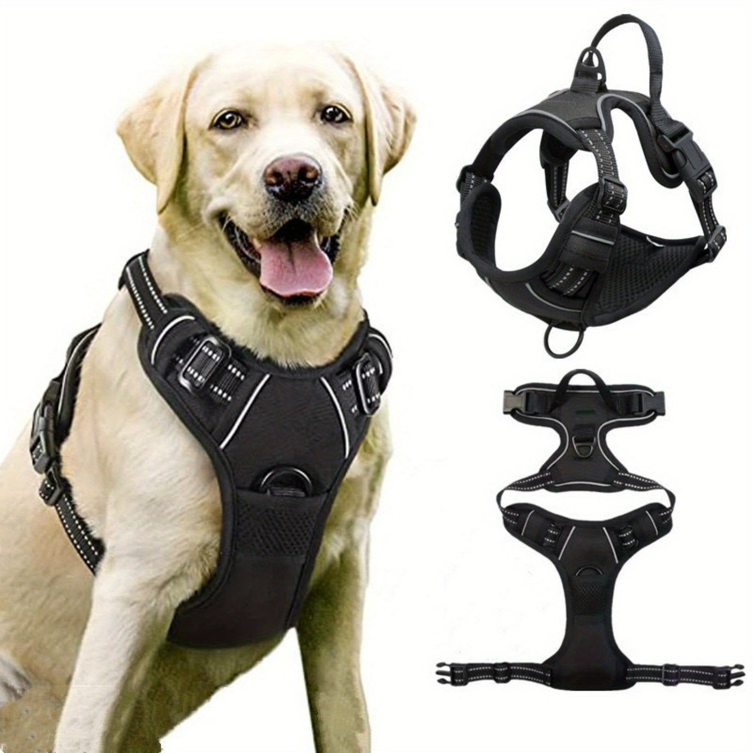 1pc Escape-Proof Dog Harness, Reflective No-Pull Pet Harness with 2 Metal Rings and Easy Control Handle, Adjustable and Comfortable Soft Padded Dog Vest for Easy Walking, Black