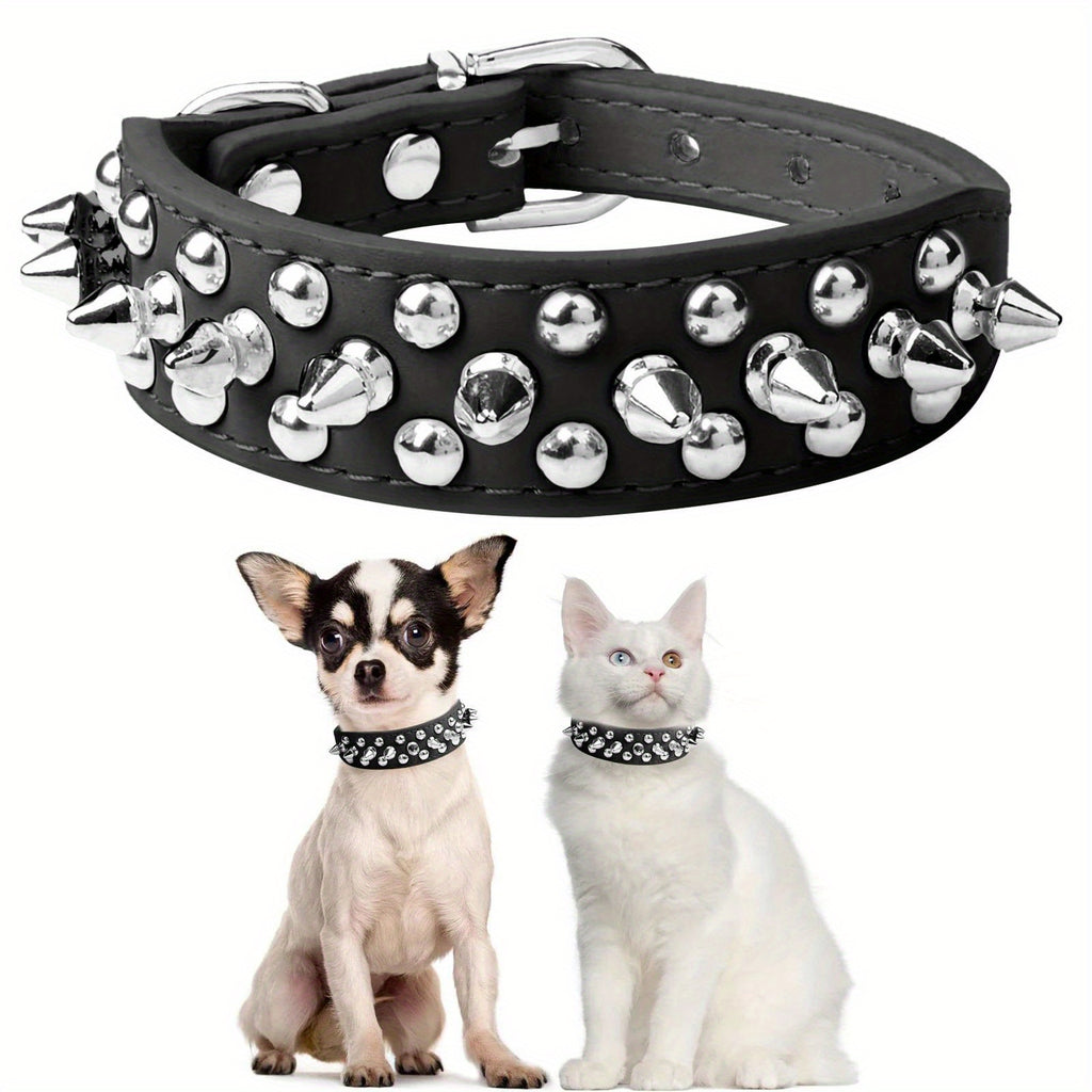 Adjustable Spiked Rivet Faux Leather Dog Collar - Punk Style Polka Dot Pet Collar for Small Dogs and Cats