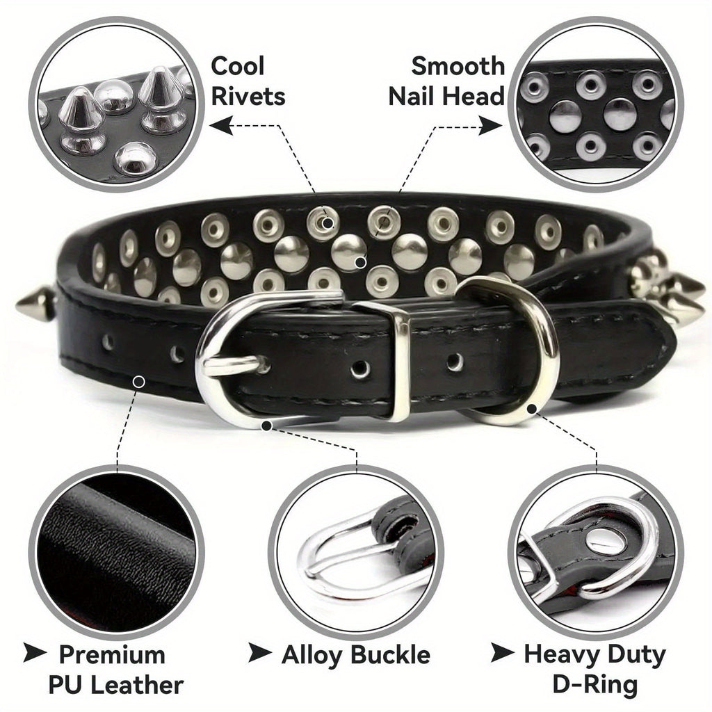 Adjustable Spiked Rivet Faux Leather Dog Collar - Punk Style Polka Dot Pet Collar for Small Dogs and Cats
