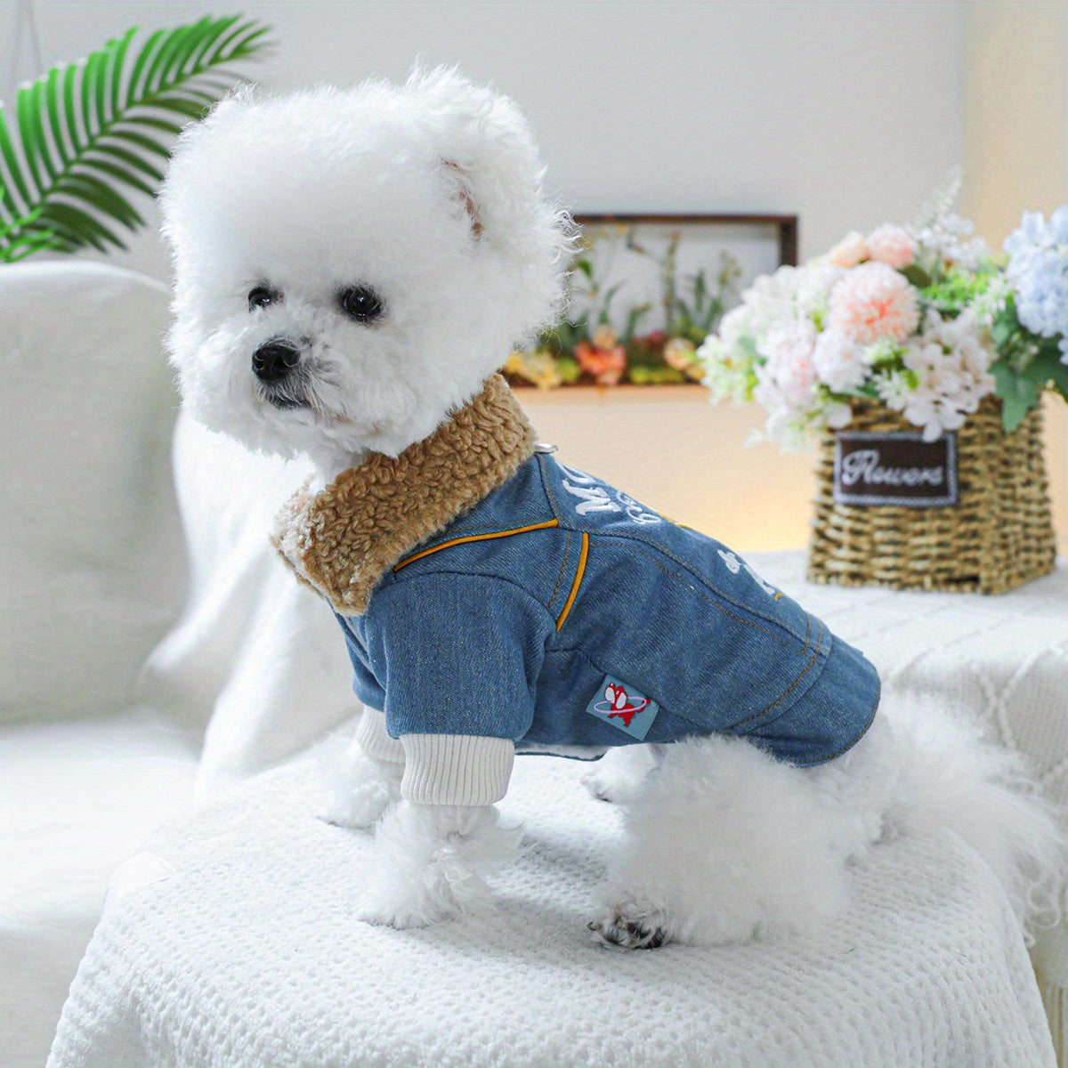 Small Breeds Fleece-Lined Cozy Denim Dog Jacket - Winter Warmth for Pomeranians & Teddy, Cute Pet Apparel