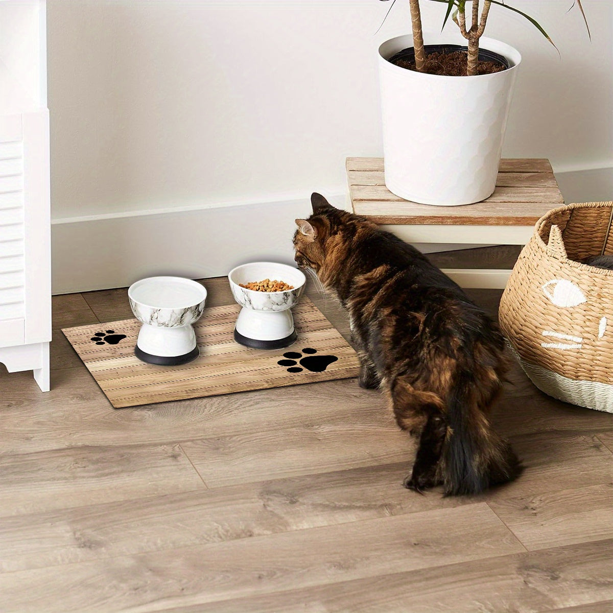 1pc Wooden Board Cat Footprint Pet Feeding Mat, Polyester Material Pet Feeding Floor Mat, Non-slip Quick-drying Absorbent Floor Mat, Cat Dog Food and Water Bowl Mat, Dog Water Dispenser Mat, Cat Dog Accessories Pet Supplies,