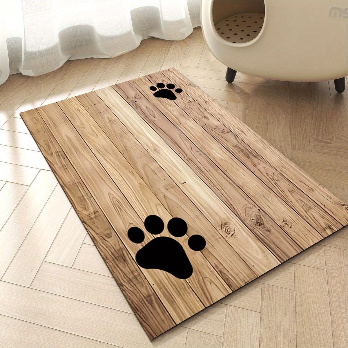 1pc Wooden Board Cat Footprint Pet Feeding Mat, Polyester Material Pet Feeding Floor Mat, Non-slip Quick-drying Absorbent Floor Mat, Cat Dog Food and Water Bowl Mat, Dog Water Dispenser Mat, Cat Dog Accessories Pet Supplies,