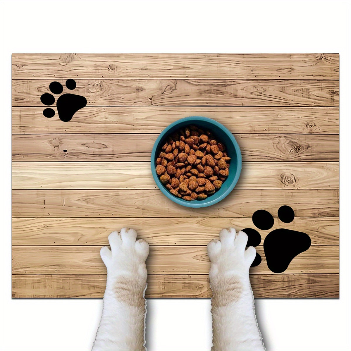 1pc Wooden Board Cat Footprint Pet Feeding Mat, Polyester Material Pet Feeding Floor Mat, Non-slip Quick-drying Absorbent Floor Mat, Cat Dog Food and Water Bowl Mat, Dog Water Dispenser Mat, Cat Dog Accessories Pet Supplies,