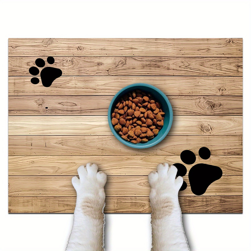 1pc Wooden Board Cat Footprint Pet Feeding Mat, Polyester Material Pet Feeding Floor Mat, Non-slip Quick-drying Absorbent Floor Mat, Cat Dog Food and Water Bowl Mat, Dog Water Dispenser Mat, Cat Dog Accessories Pet Supplies,