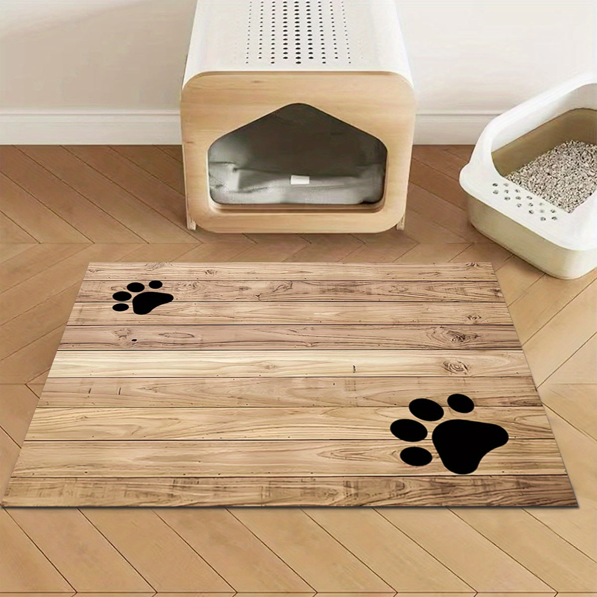 1pc Wooden Board Cat Footprint Pet Feeding Mat, Polyester Material Pet Feeding Floor Mat, Non-slip Quick-drying Absorbent Floor Mat, Cat Dog Food and Water Bowl Mat, Dog Water Dispenser Mat, Cat Dog Accessories Pet Supplies,