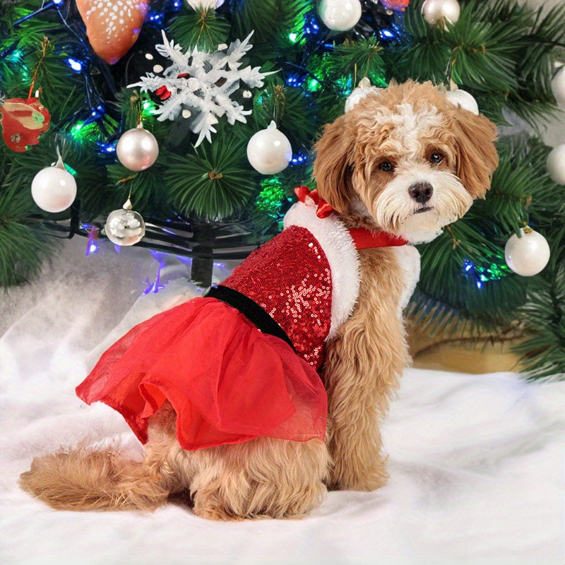 Chic Christmas Dog Dress - Festive Sequin Party Outfit for Small to Medium Breeds, Snap-On Polyester Pet Apparel - Perfect for Holiday Parties & Photoshoots - Gift for Dog Lovers