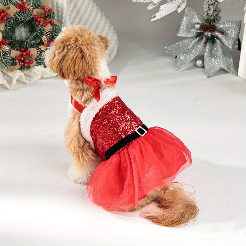 Chic Christmas Dog Dress - Festive Sequin Party Outfit for Small to Medium Breeds, Snap-On Polyester Pet Apparel - Perfect for Holiday Parties & Photoshoots - Gift for Dog Lovers