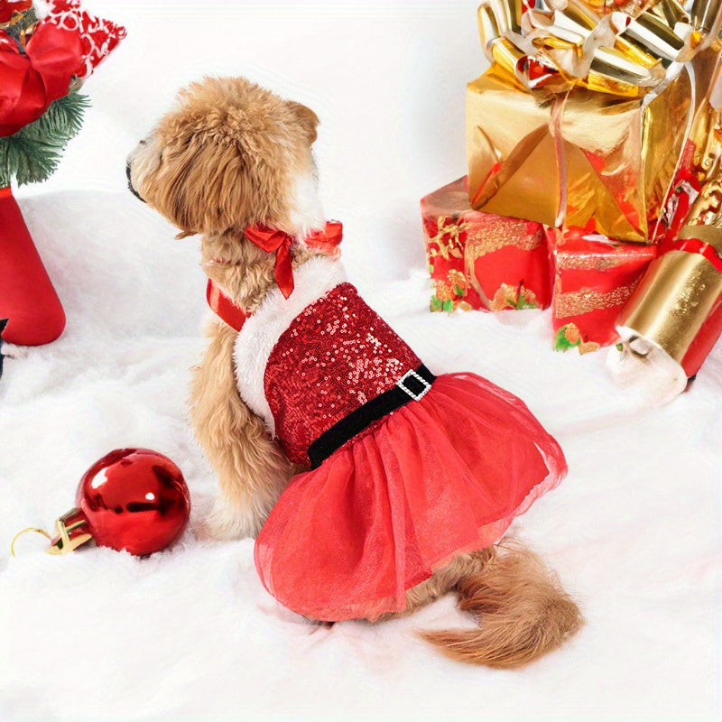 Chic Christmas Dog Dress - Festive Sequin Party Outfit for Small to Medium Breeds, Snap-On Polyester Pet Apparel - Perfect for Holiday Parties & Photoshoots - Gift for Dog Lovers