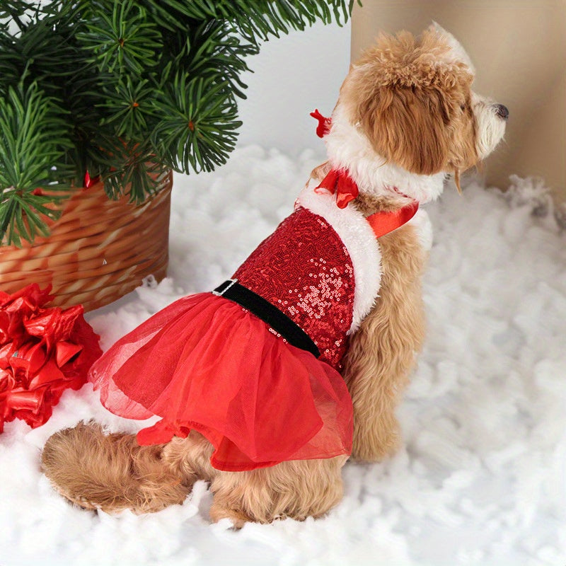 Chic Christmas Dog Dress - Festive Sequin Party Outfit for Small to Medium Breeds, Snap-On Polyester Pet Apparel - Perfect for Holiday Parties & Photoshoots - Gift for Dog Lovers