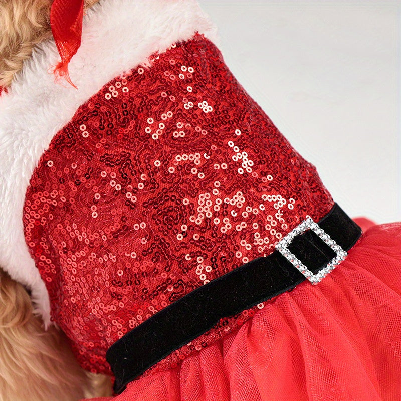 Chic Christmas Dog Dress - Festive Sequin Party Outfit for Small to Medium Breeds, Snap-On Polyester Pet Apparel - Perfect for Holiday Parties & Photoshoots - Gift for Dog Lovers