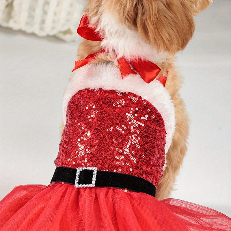 Chic Christmas Dog Dress - Festive Sequin Party Outfit for Small to Medium Breeds, Snap-On Polyester Pet Apparel - Perfect for Holiday Parties & Photoshoots - Gift for Dog Lovers