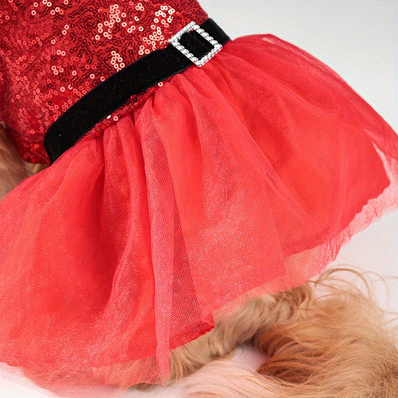 Chic Christmas Dog Dress - Festive Sequin Party Outfit for Small to Medium Breeds, Snap-On Polyester Pet Apparel - Perfect for Holiday Parties & Photoshoots - Gift for Dog Lovers