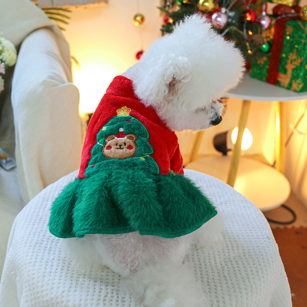 Cozy Fleece Christmas Tree Bear Dog Dress - Warm Princess Style Pet Apparel for Small Breeds, Easy Snap Closure