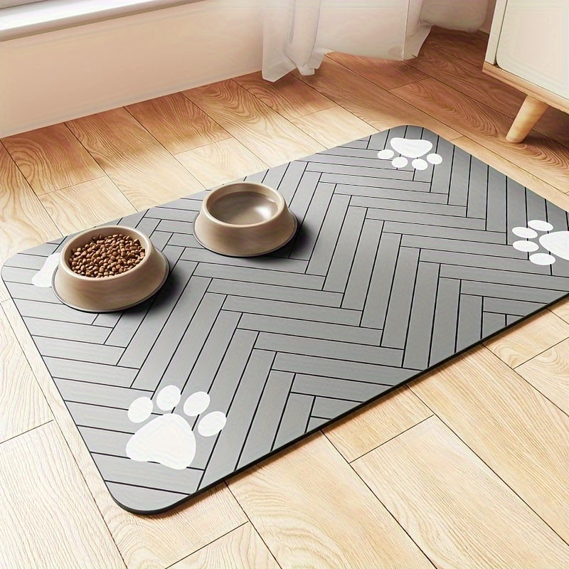 [1pc Fast-Drying Pet Feeding Mat] 1pc Fast-Drying Diatomaceous Earth Pet Feeding Mat | Splash-Proof, Absorbent, Easy to Clean for Dogs and Cats, Herringbone Pattern with Paw Print Design, Black, Washable