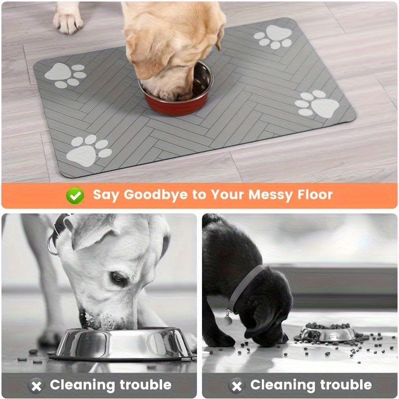 [1pc Fast-Drying Pet Feeding Mat] 1pc Fast-Drying Diatomaceous Earth Pet Feeding Mat | Splash-Proof, Absorbent, Easy to Clean for Dogs and Cats, Herringbone Pattern with Paw Print Design, Black, Washable