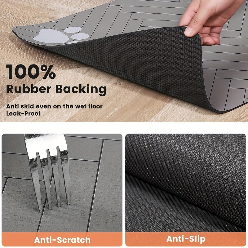 [1pc Fast-Drying Pet Feeding Mat] 1pc Fast-Drying Diatomaceous Earth Pet Feeding Mat | Splash-Proof, Absorbent, Easy to Clean for Dogs and Cats, Herringbone Pattern with Paw Print Design, Black, Washable