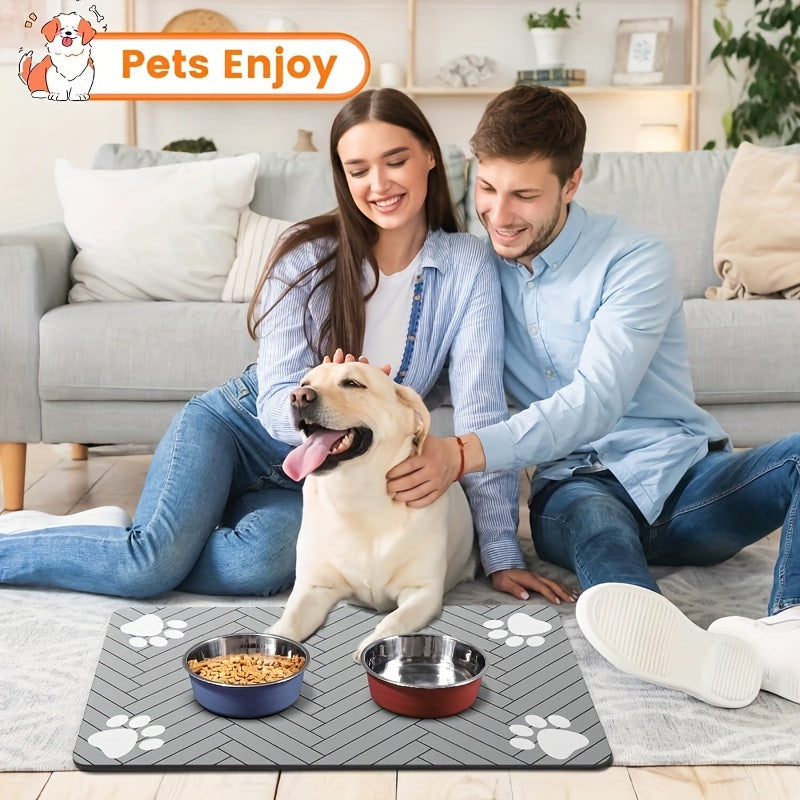 [1pc Fast-Drying Pet Feeding Mat] 1pc Fast-Drying Diatomaceous Earth Pet Feeding Mat | Splash-Proof, Absorbent, Easy to Clean for Dogs and Cats, Herringbone Pattern with Paw Print Design, Black, Washable