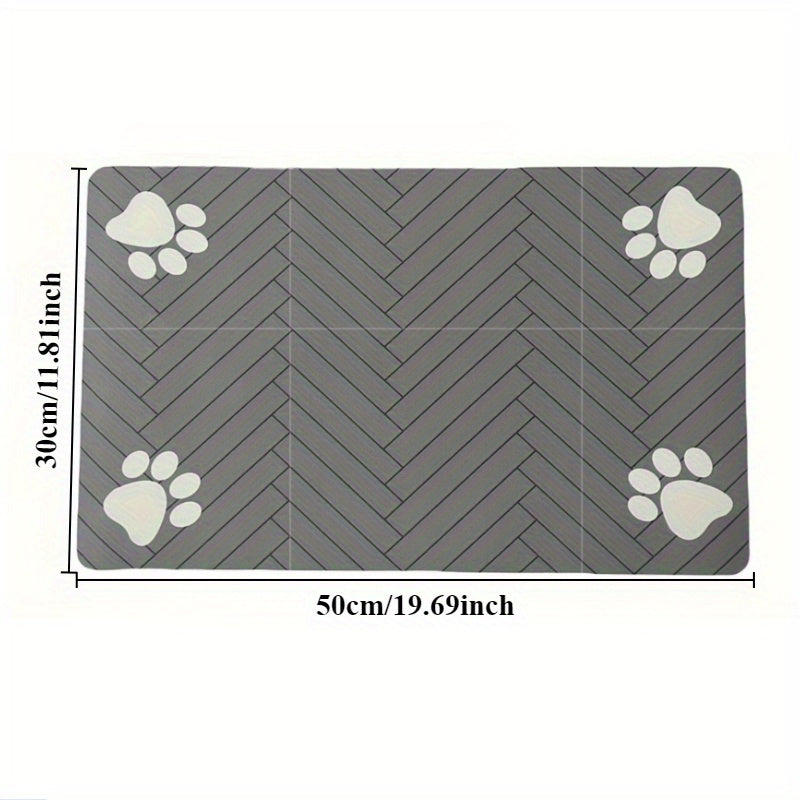 [1pc Fast-Drying Pet Feeding Mat] 1pc Fast-Drying Diatomaceous Earth Pet Feeding Mat | Splash-Proof, Absorbent, Easy to Clean for Dogs and Cats, Herringbone Pattern with Paw Print Design, Black, Washable