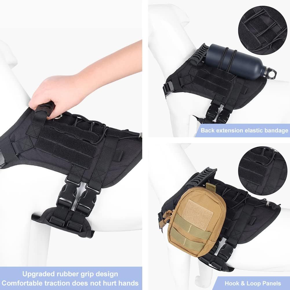 Medium Large FEimaX Tactical Dog Harness, No Pull Adjustable Pet Harness with Handle, Molle Loop Panels for Training Hunting Walking (Black)