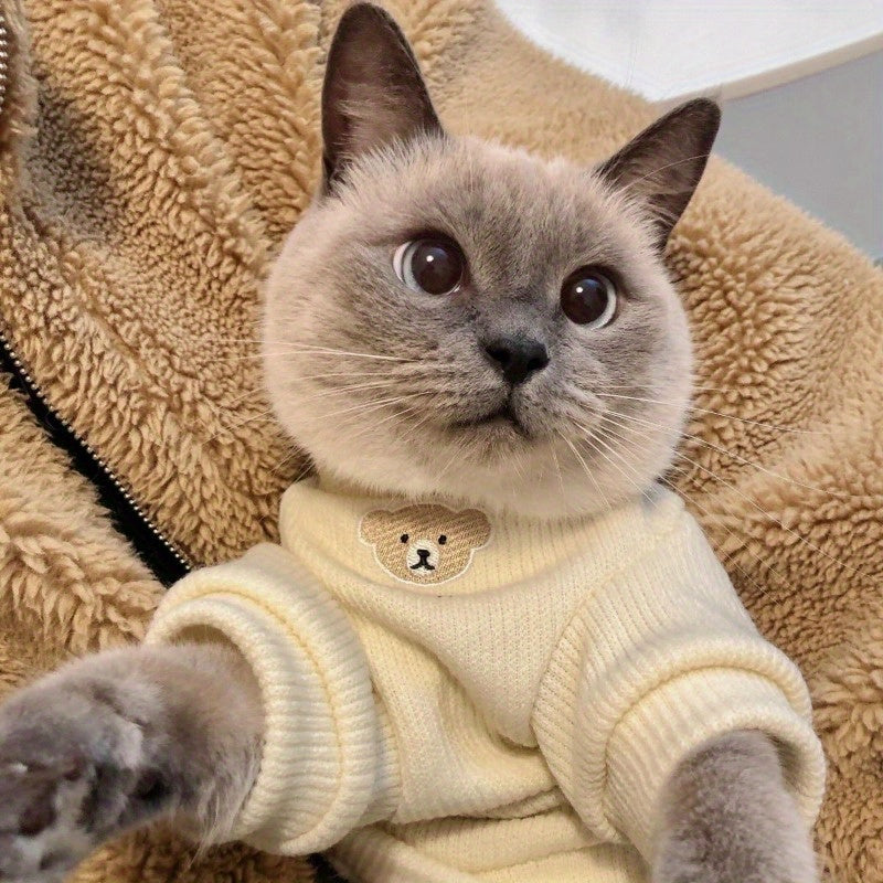 Cozy Fleece Cat Hoodie - Cute Blue Kitten Sweater, Anti-Shedding Pet Apparel for Small to Medium Breeds