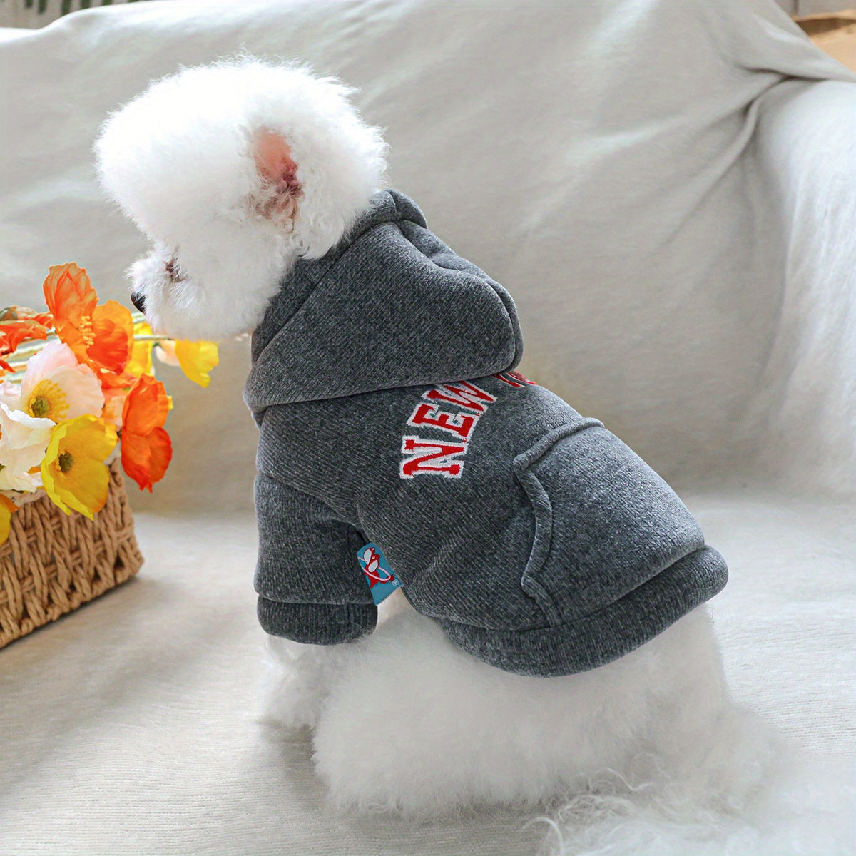 New York Hoodie Pet Coat, Thickened Grey Sweater for Dogs, Warm Winter Wear for Small Breeds, Polyester Knit with Hook & Fabric, Button Closure, Pet Apparel Accessories