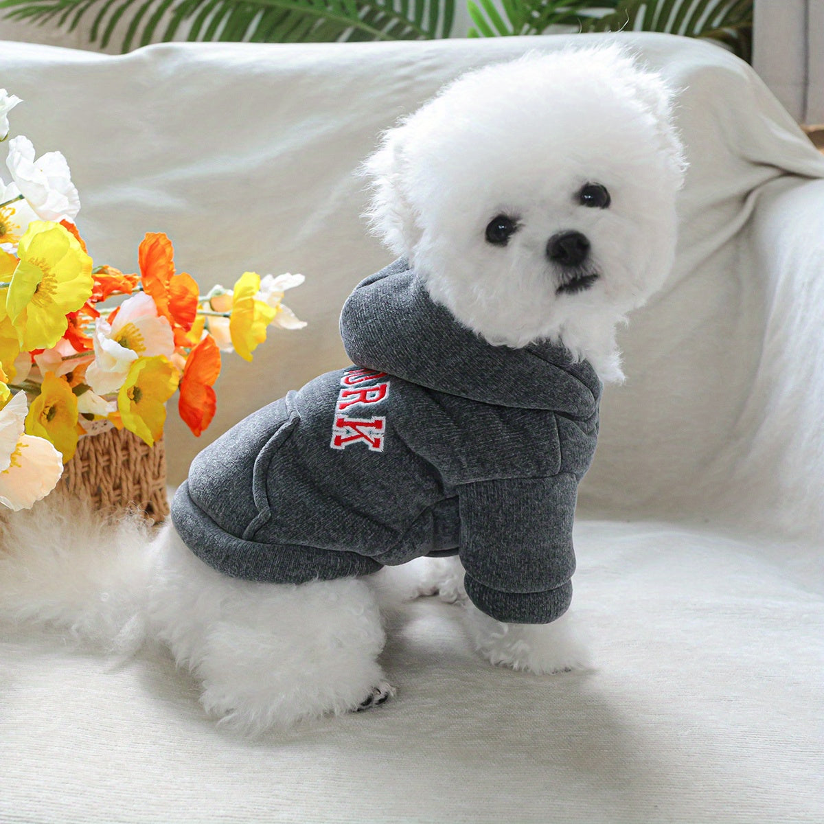 New York Hoodie Pet Coat, Thickened Grey Sweater for Dogs, Warm Winter Wear for Small Breeds, Polyester Knit with Hook & Fabric, Button Closure, Pet Apparel Accessories