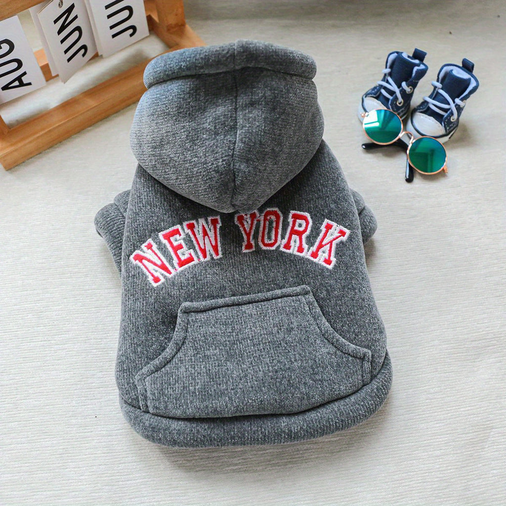 New York Hoodie Pet Coat, Thickened Grey Sweater for Dogs, Warm Winter Wear for Small Breeds, Polyester Knit with Hook & Fabric, Button Closure, Pet Apparel Accessories