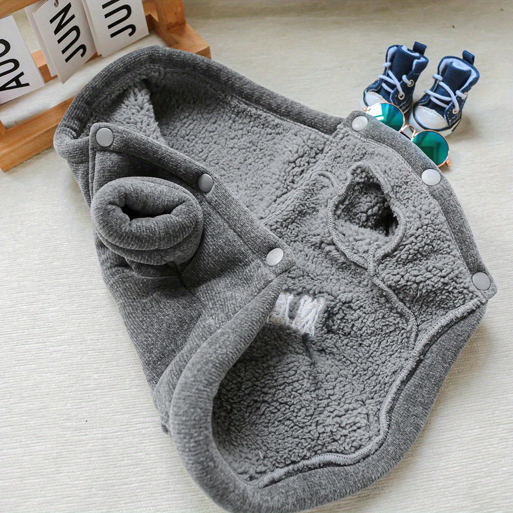 New York Hoodie Pet Coat, Thickened Grey Sweater for Dogs, Warm Winter Wear for Small Breeds, Polyester Knit with Hook & Fabric, Button Closure, Pet Apparel Accessories